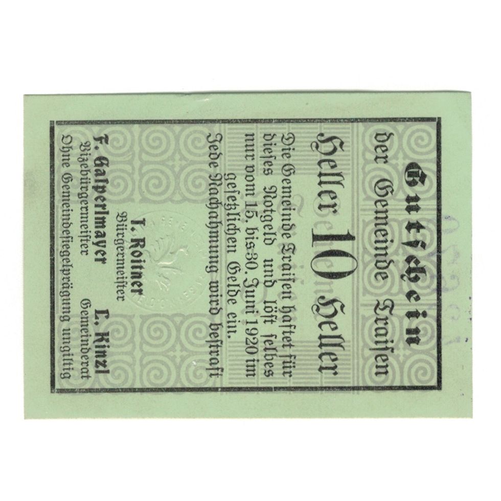 Geldschein, Österreich, Traisen N.Ö. Gemeinde, 10 Heller, N.D, 1920