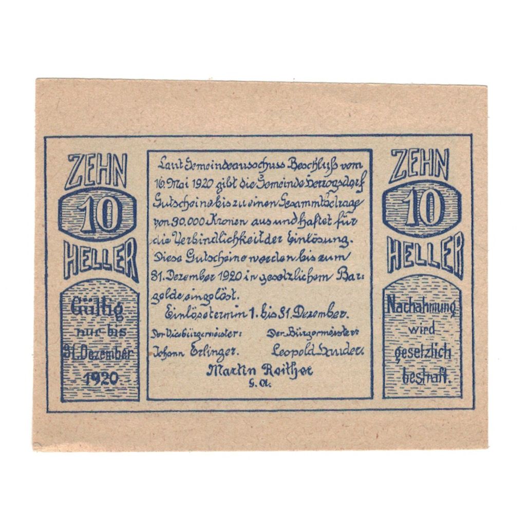 Geldschein, Österreich, Herzogsdorf O.Ö. Gemeinde, 10 Heller, village, 1920