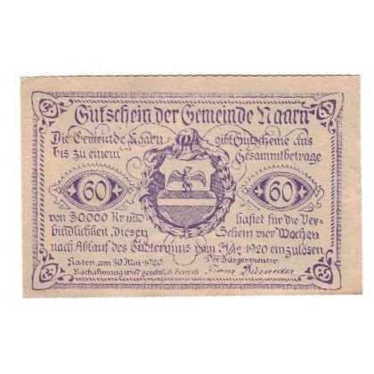 Geldschein, Österreich, Naarn O.Ö. Gemeinde, 60 Heller, château, 1920