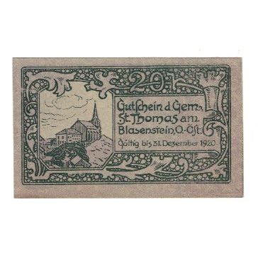 Billet, Autriche, St. Thomas am Blasenstein O.Ö. Gemeinde, 20 Heller, rocher
