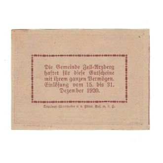 Geldschein, Österreich, Zell Arzberg O.Ö. Gemeinde, 50 Heller, Texte, 1920