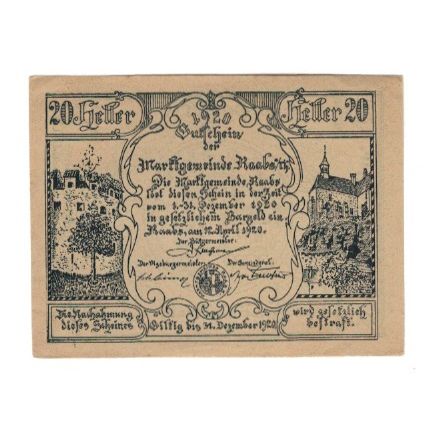Geldschein, Österreich, Raabs N.Ö. Marktgemeinde, 20 Heller, château, 1920