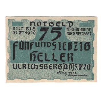 Geldschein, Österreich, Ulrichsberg O.Ö. Gemeinde, 75 Heller, paysage, 1920