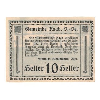 Geldschein, Österreich, Raab O.Ö. Marktgemeinde, 10 Heller, Texte, 1920