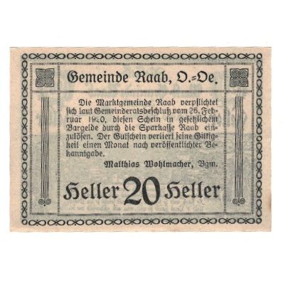Geldschein, Österreich, Raab O.Ö. Marktgemeinde, 20 Heller, Texte, 1920