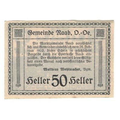 Geldschein, Österreich, Raab O.Ö. Marktgemeinde, 50 Heller, Texte, 1920
