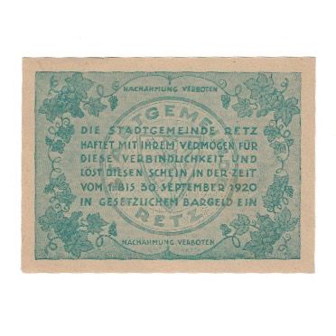 Banknote, Austria, Retz N.Ö. Stadtgemeinde, 50 Heller, Texte, 1920, 1920-09-30