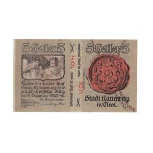 Geldschein, Österreich, Rattenberg Tirol Stadt, 5 Heller, chateau 1, 1920