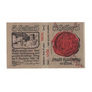 Geldschein, Österreich, Rattenberg Tirol Stadt, 5 Heller, chateau 1, 1920