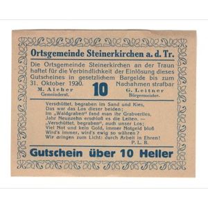 Geldschein, Österreich, Steinerkirchen An Der Traun Ortsgemeinde, 10 Heller