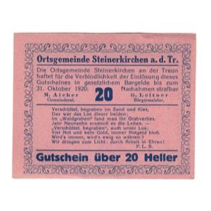 Geldschein, Österreich, Steinerkirchen An Der Traun Ortsgemeinde, 20 Heller