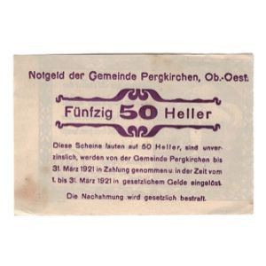 Biljet, Oostenrijk, Pergkirchen O.Ö. Gemeinde, 50 Heller, Texte, 1920