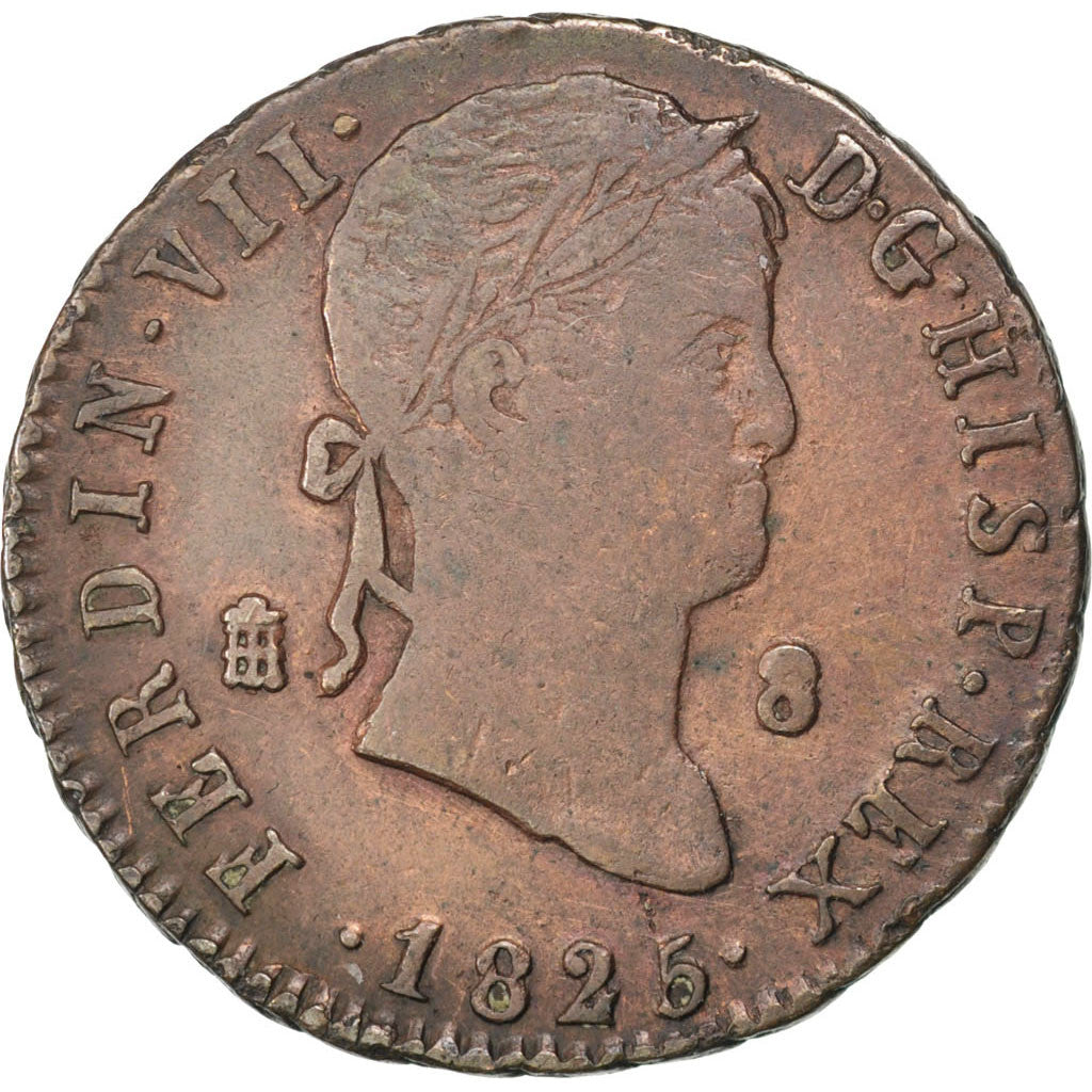 España, Ferdinand VII, 8 Maravedis, 1825, Segovia, Cobre, MBC, KM:486.1