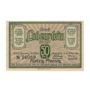 Billet, Allemagne, Lobenstein Stadt, 50 Pfennig, village, 1921, 1921-03-15, SUP