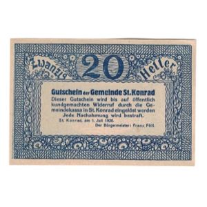 Geldschein, Österreich, St. Konrad O.Ö. Gemeinde, 20 Heller, Texte, 1920
