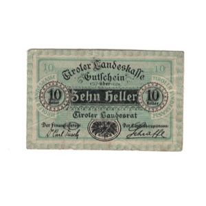 Geldschein, Österreich, Tiroler Landeskasse Tirol Land, 10 Heller, valeur