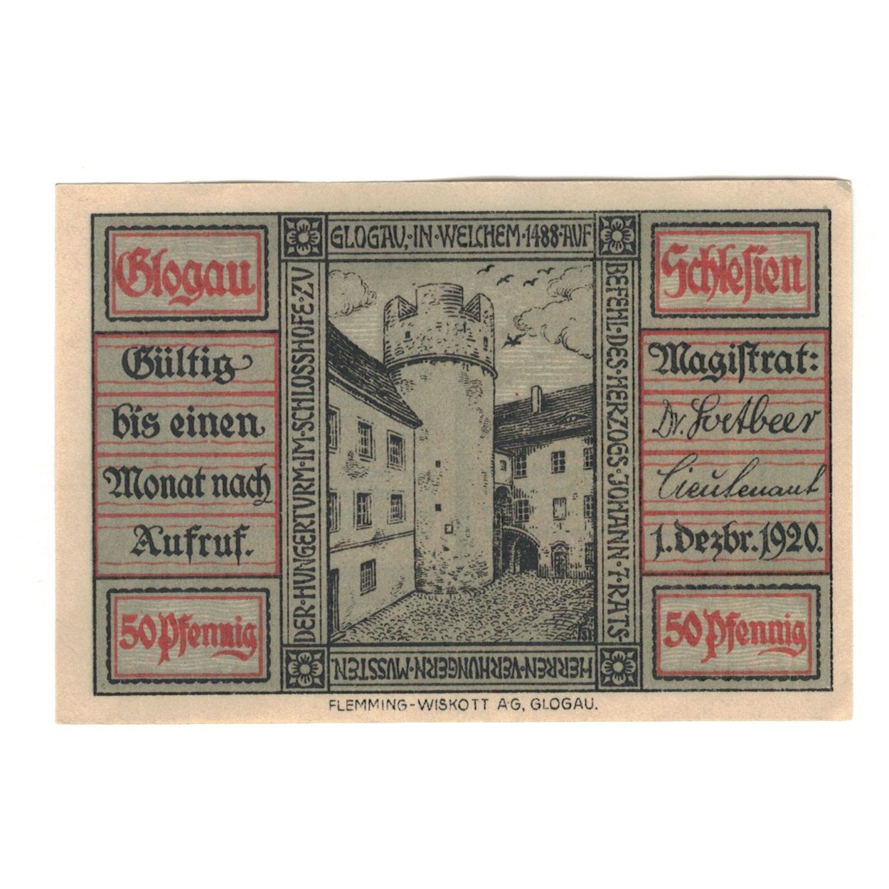 Banconote, Germania, Glogau Stadt, 50 Pfennig, Texte, 1920, 1920-12-01, SPL-