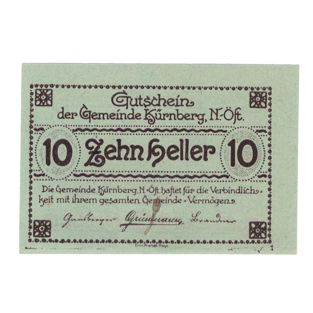 Banknote, Austria, Kürnberg N.Ö. Gemeinde, 10 Heller, paysage, 1920