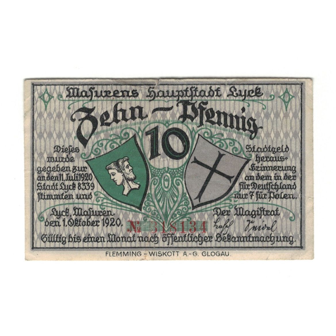 Banknot, Niemcy, Lyck Stadt, 10 Pfennig, paysage, 1920, 1920-10-01, AU(55-58)