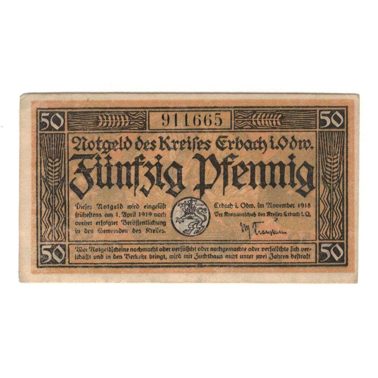 Banknote, Germany, Erbach im Odenwald Kreis, 50 Pfennig, personnage, 1918