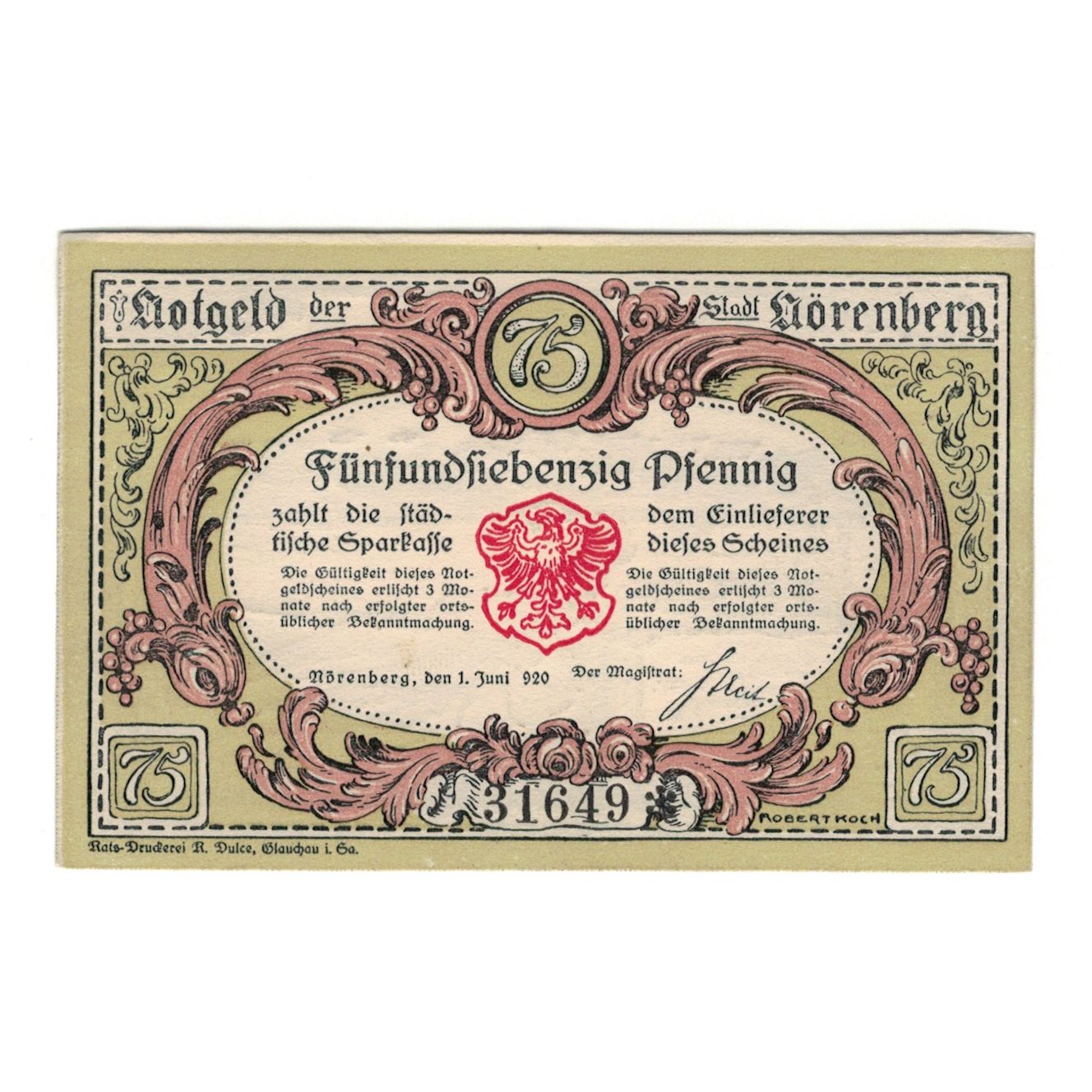 Banknote, Germany, Norenberg Stadt, 75 Pfennig, paysage, 1920, 1920-06-01