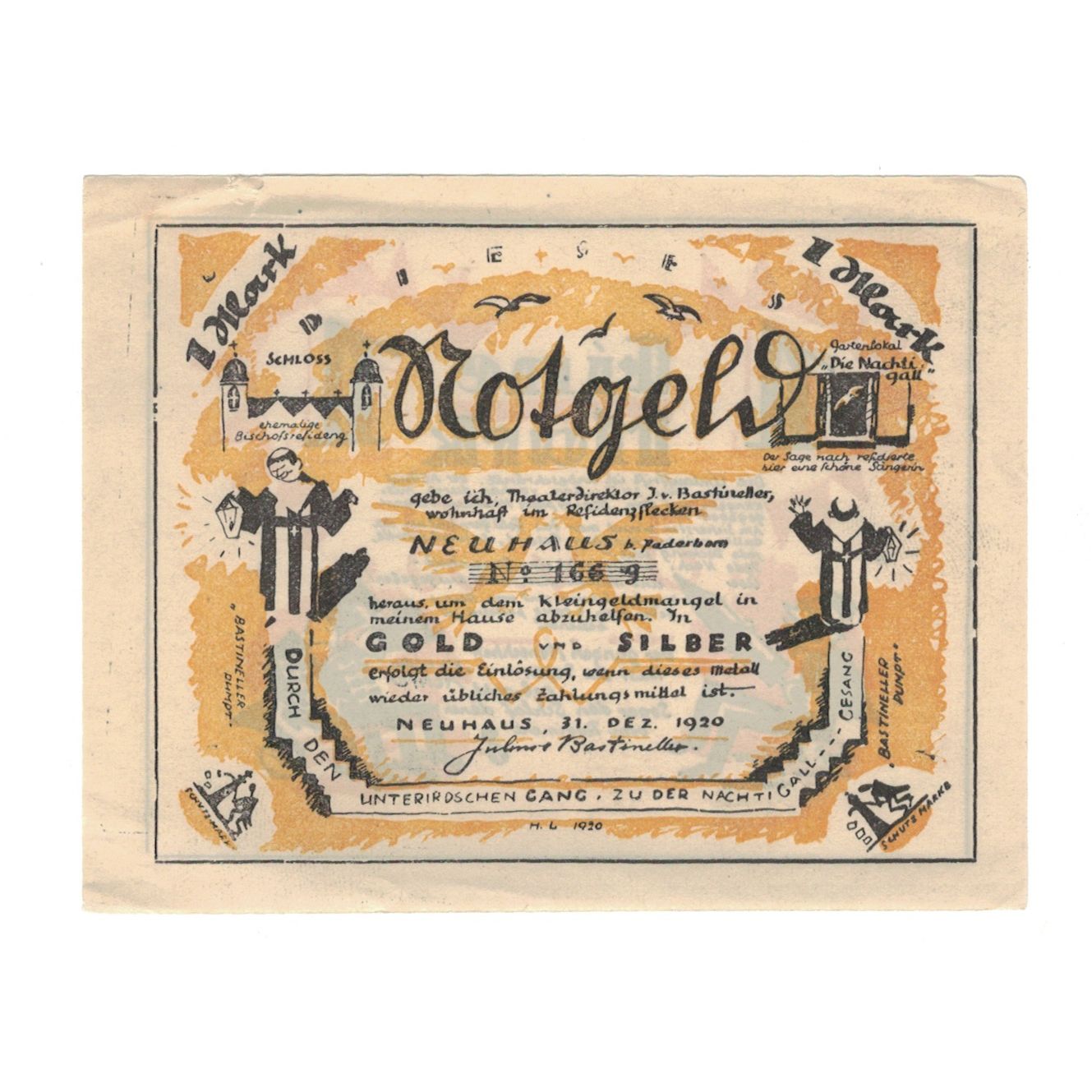 Biljet, Duitsland, Neuhaus, 1 Mark, personnage, 1920, 1920-12-31, SUP