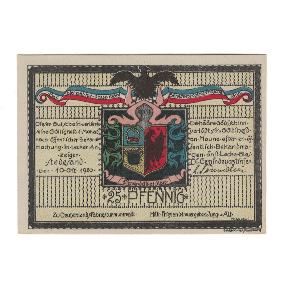 Biljet, Duitsland, Stedesand Gemeinde, 25 Pfennig, paysage, 1920, 1920-10-10