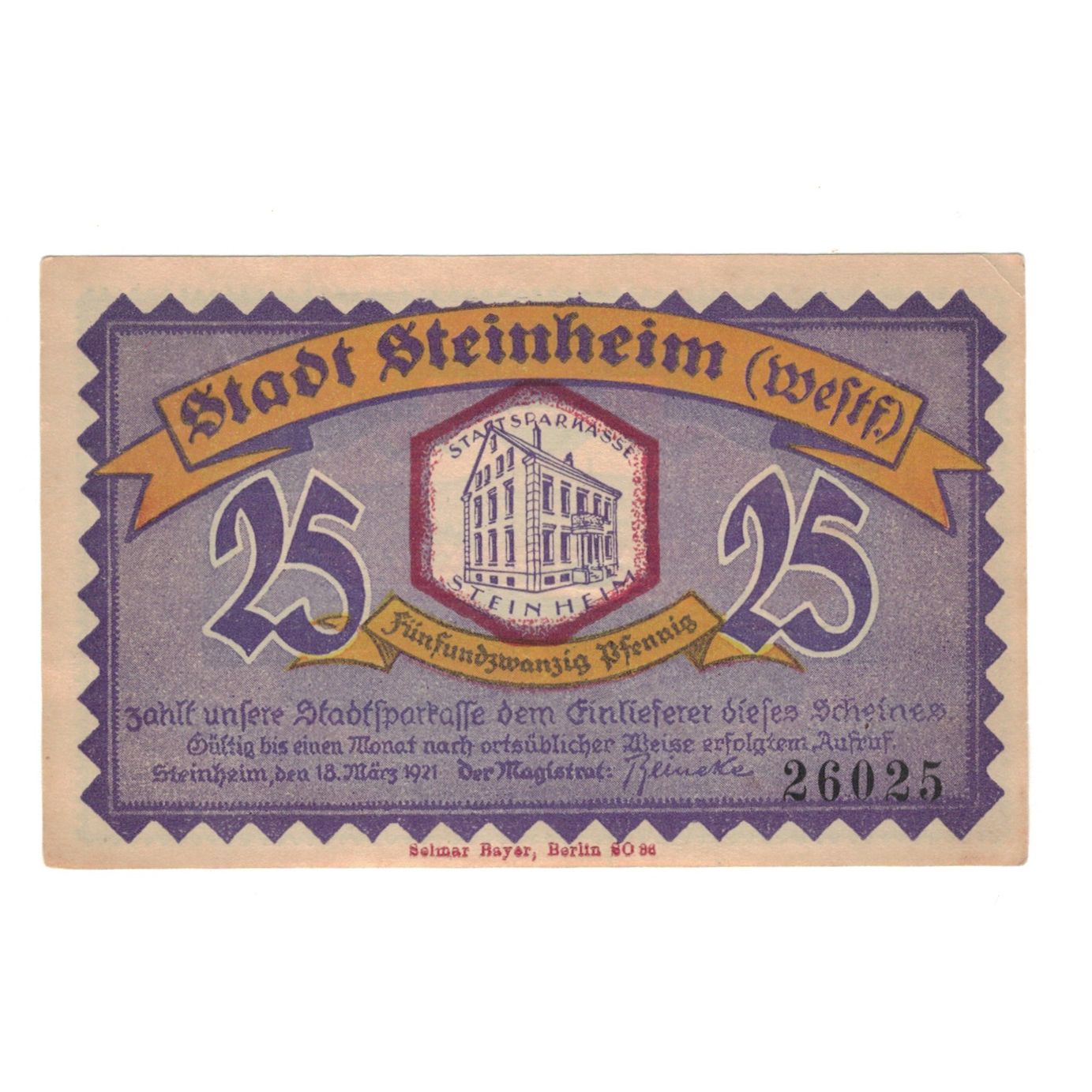 Geldschein, Deutschland, Steinheim Stadt, 25 Pfennig, paysage, 1921, 1921-03-18