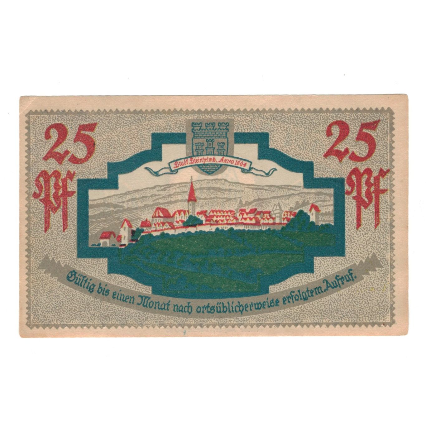 Geldschein, Deutschland, Steinheim Stadt, 25 Pfennig, paysage, 1921, 1921-03-18