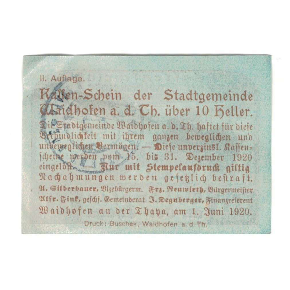 Coin, Austria, Waidhofen An Der Thaya N.Ö. Stadtgemeinde, 10 Heller, village