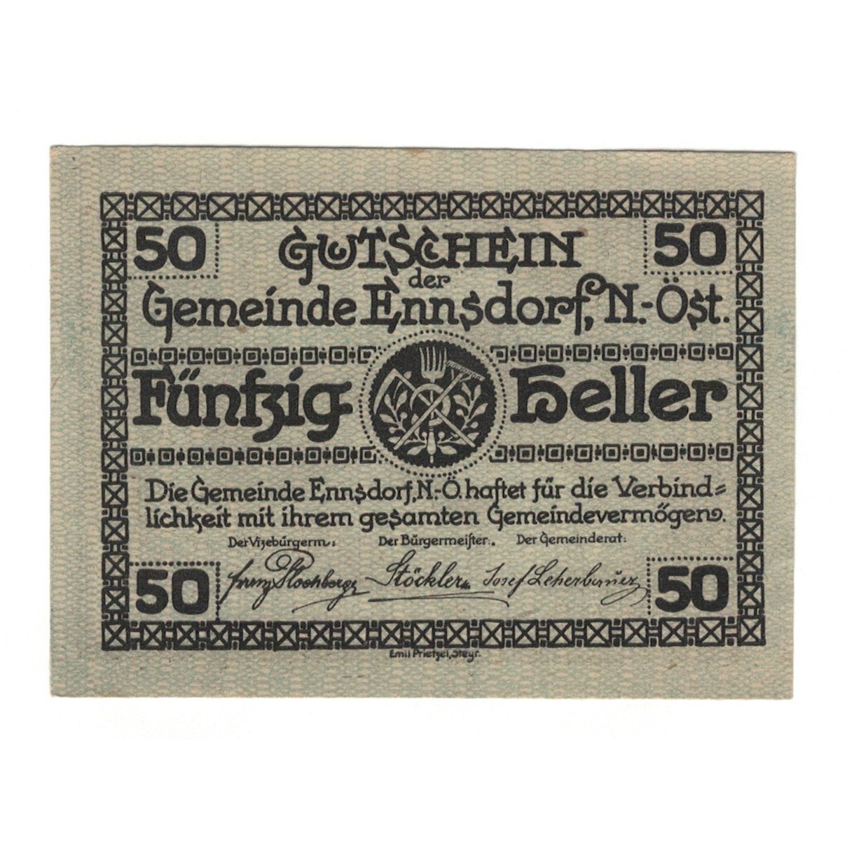 Banknote, Austria, Ennsdorf N.Ö. Gemeinde, 50 Heller, pont, 1920, 1920-12-31