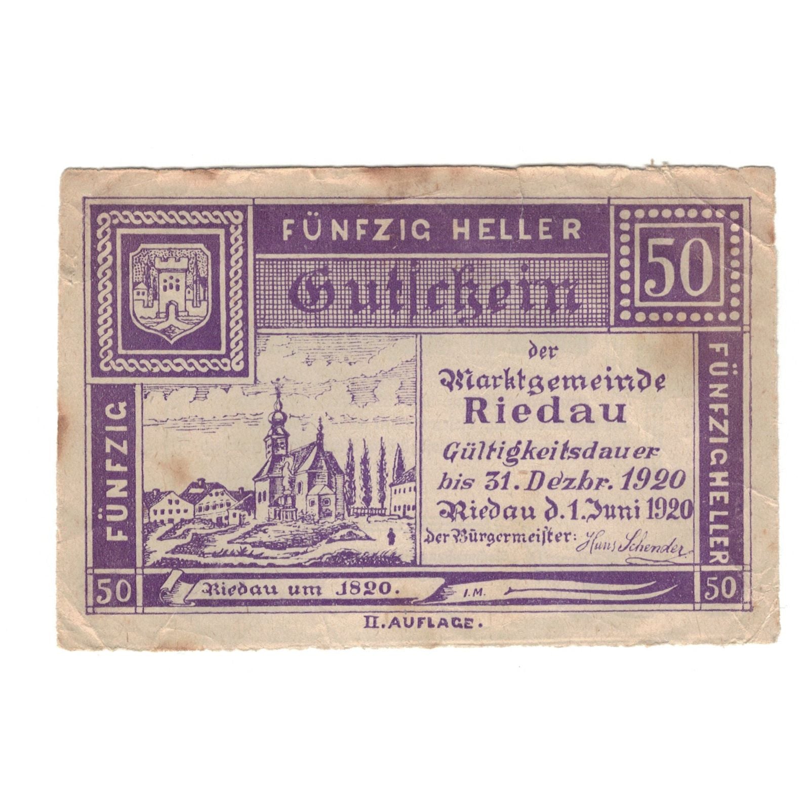 Banknote, Austria, Riedau O.Ö. Marktgemeinde, 50 Heller, paysage, 1920