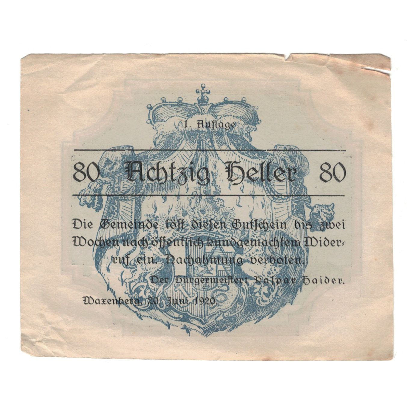 Banknote, Austria, Waxenberg O.Ö. Gemeinde, 80 Heller, fontaine, 1920
