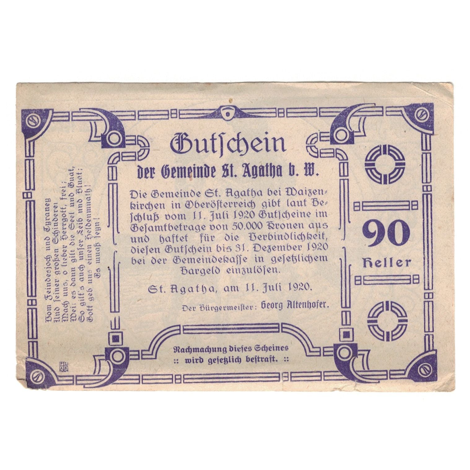 Geldschein, Österreich, St. Agatha Bei Weizenkirchen O.Ö. Gemeinde, 90 Heller