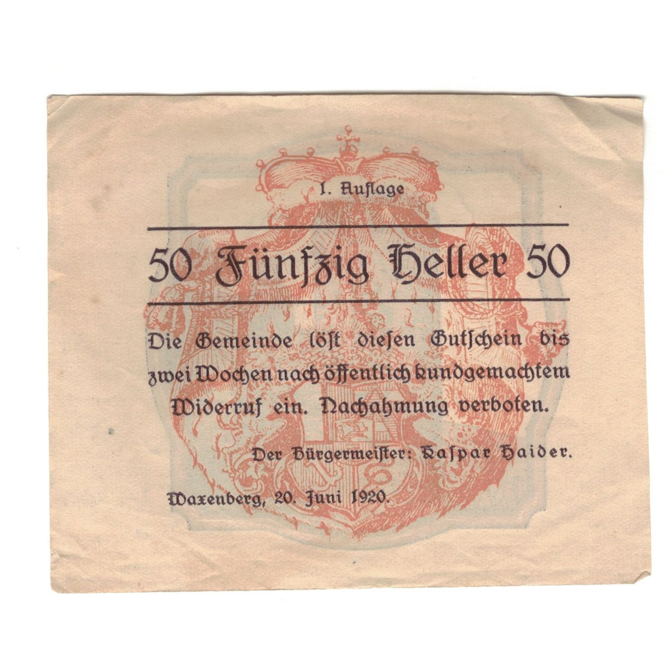 Banknote, Austria, Waxenberg O.Ö. Gemeinde, 50 Heller, fontaine, 1920