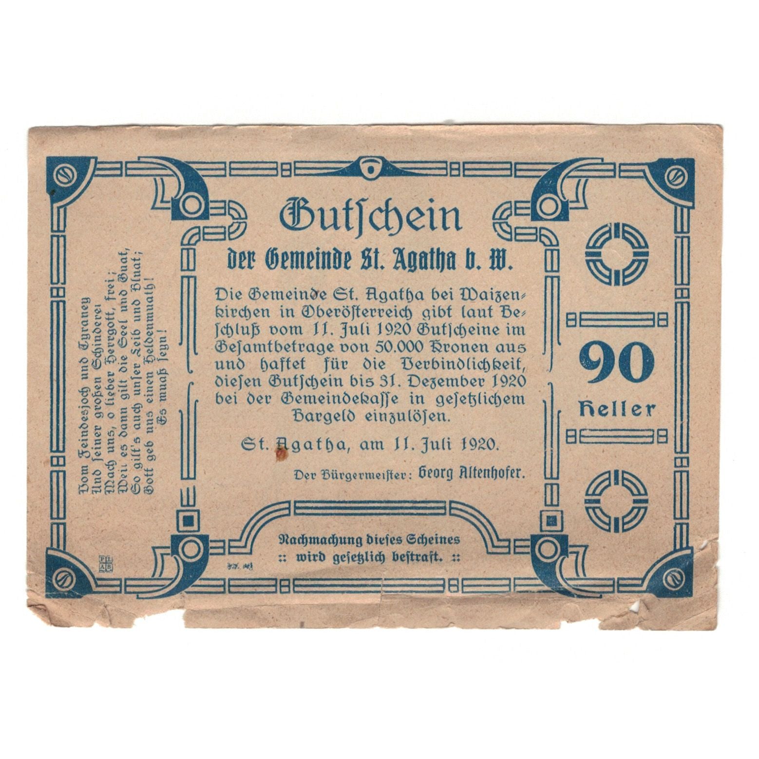 Billete, Austria, St. Agatha Bei Weizenkirchen O.Ö. Gemeinde, 90 Heller, Texte