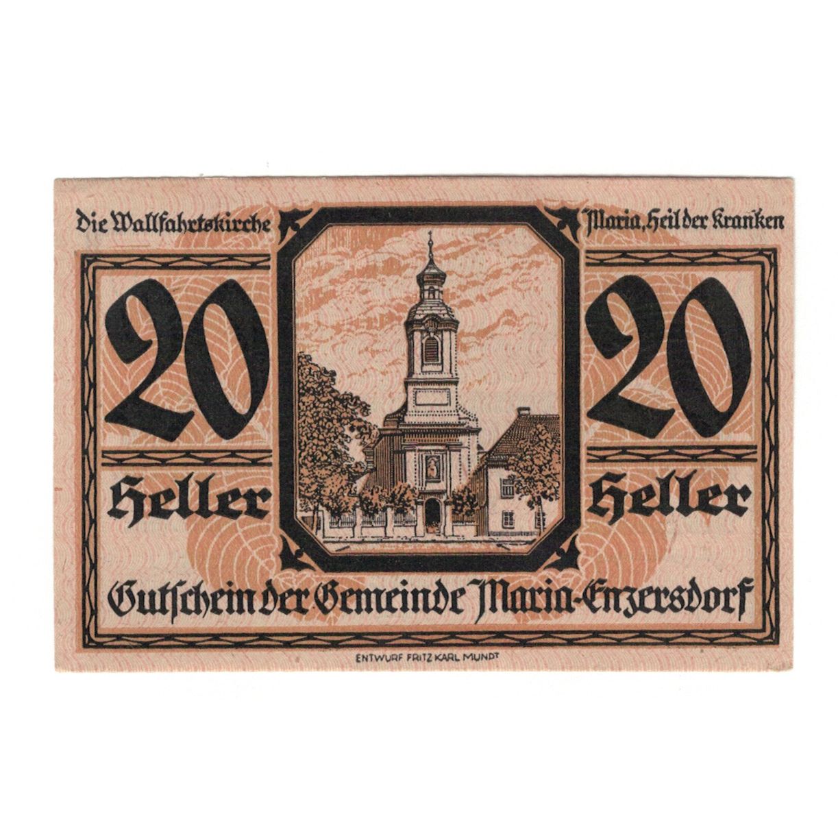 Banknote, Austria, Maria Enzersdorf N.Ö. Gemeinde, 20 Heller, Eglise, 1920