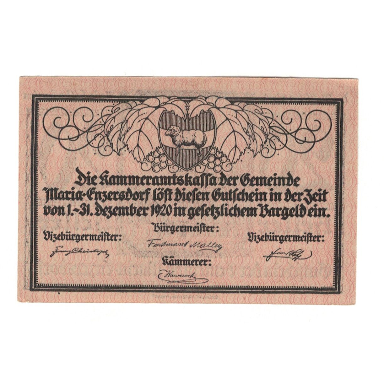 Banknote, Austria, Maria Enzersdorf N.Ö. Gemeinde, 20 Heller, Eglise, 1920