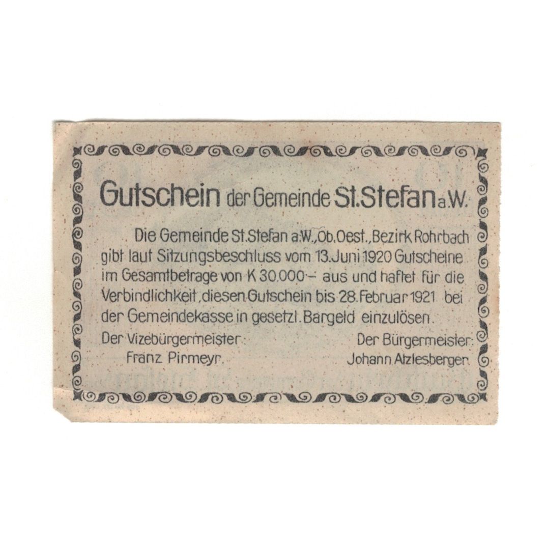 Banconote, Austria, St. Stefan am Walde O.Ö. Gemeinde, 10 Heller, Texte, 1921