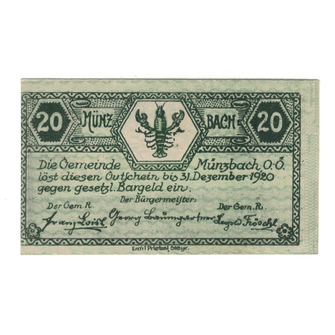 Banknote, Austria, Münzbach O.Ö. Gemeinde, 20 Heller, arbre, 1920, 1920-12-31