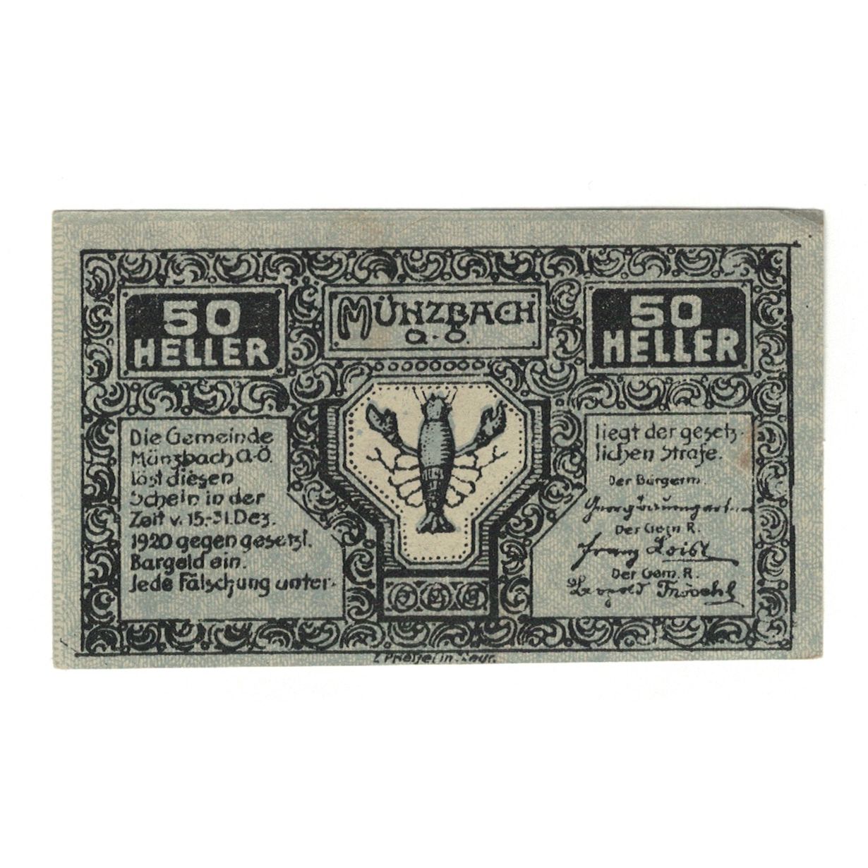 Banknote, Austria, Münzbach O.Ö. Gemeinde, 50 Heller, village, 1920