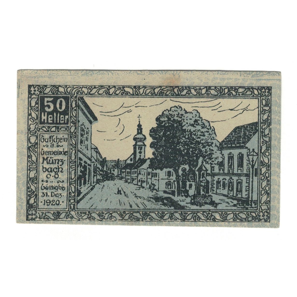 Banknote, Austria, Münzbach O.Ö. Gemeinde, 50 Heller, village, 1920