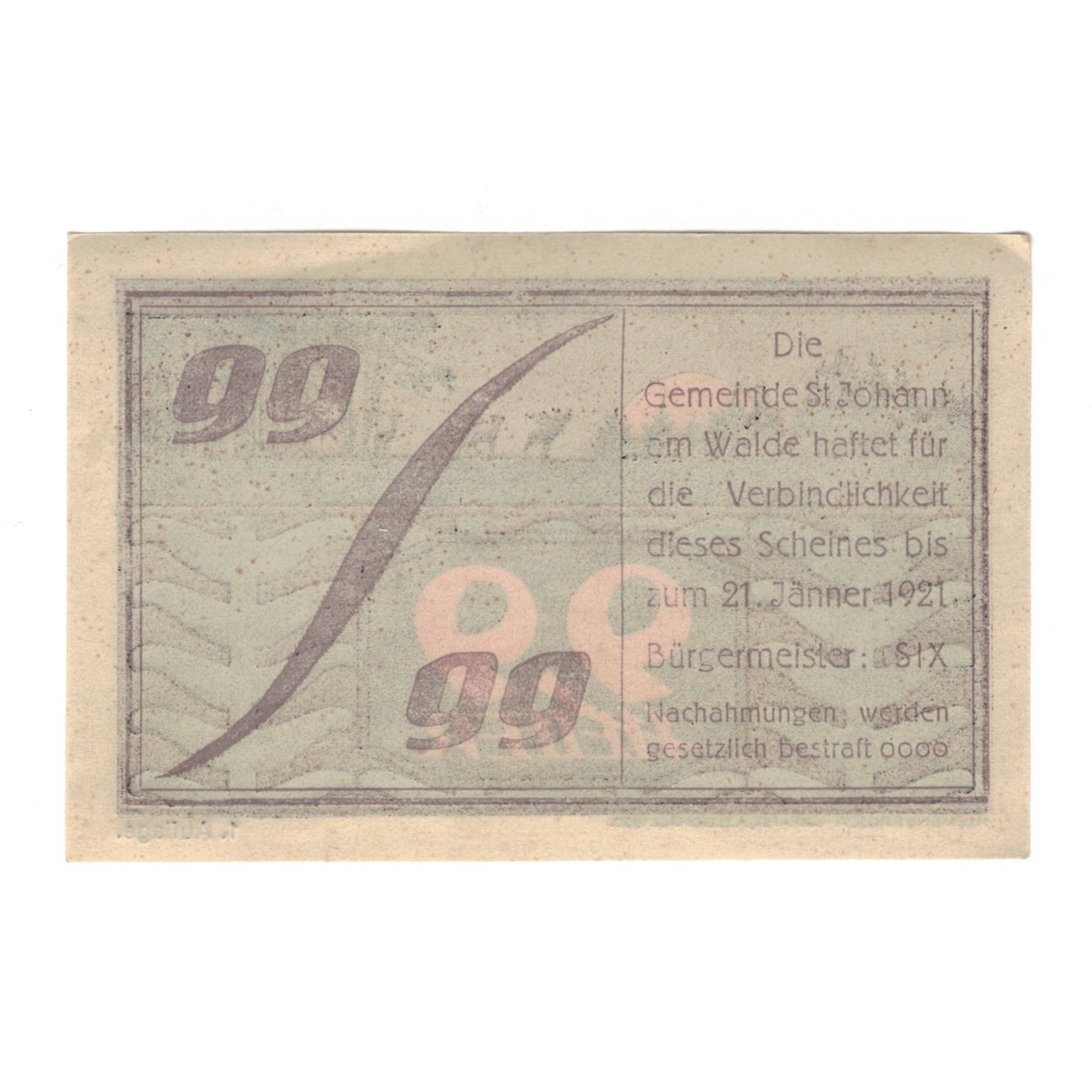 Banknote, Austria, St. Johann am Walde O.Ö. Gemeinde, 99 Heller, paysage
