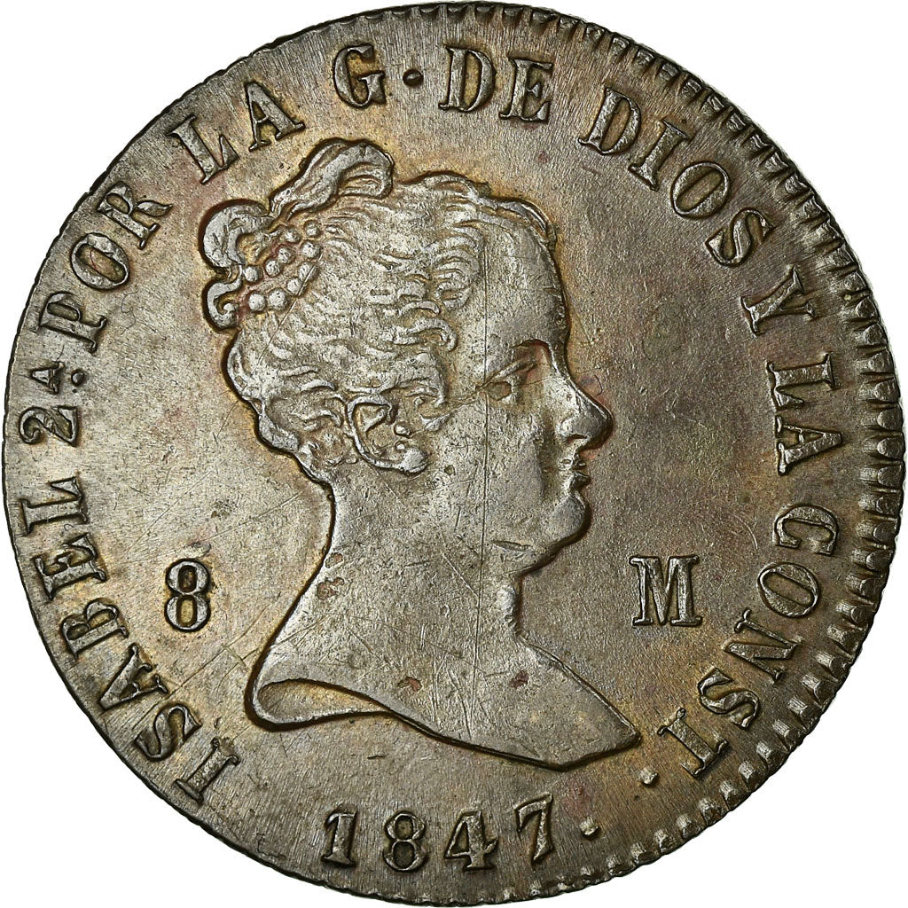 España, Isabel II, 8 Maravedis, 1847, Jubia, Cobre, EBC, KM:531.2