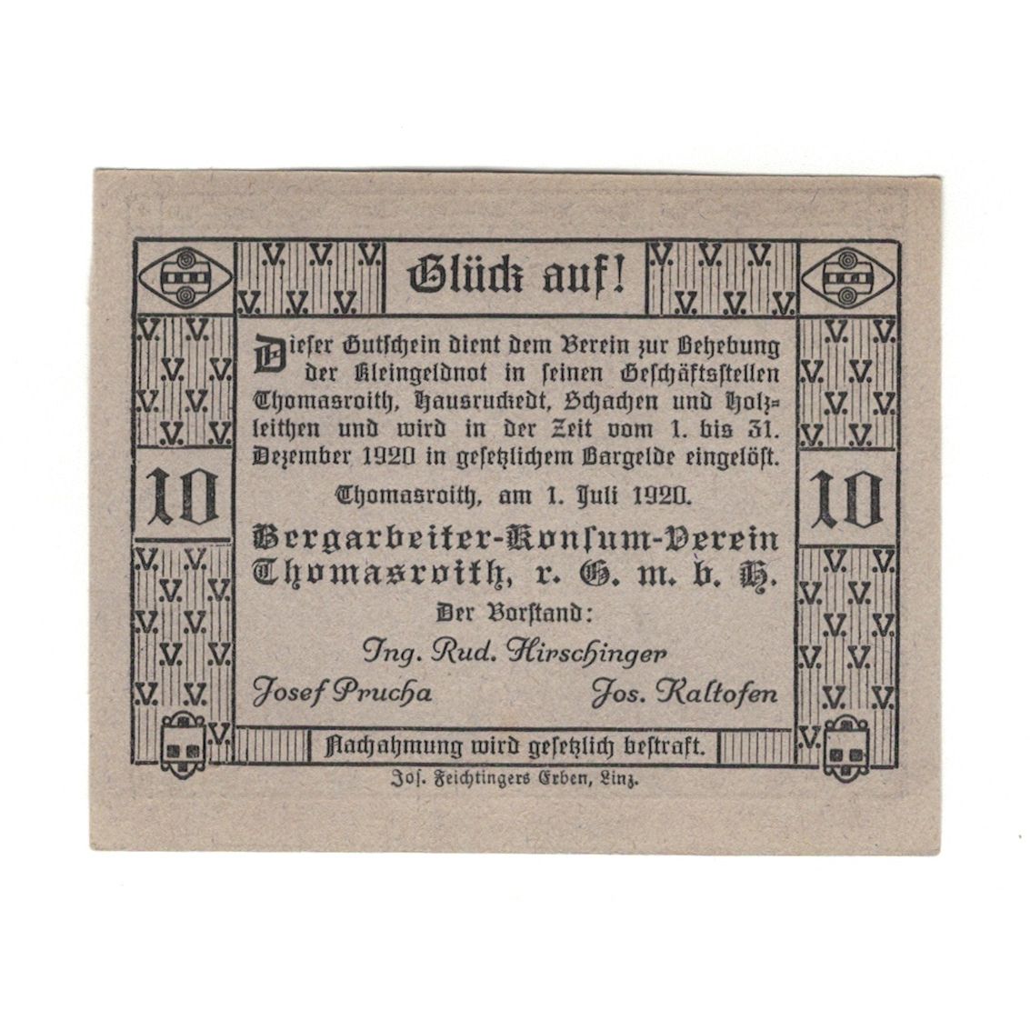 Banknote, Austria, Thomasroith, 10 Heller, Texte, 1920, 1920-12-31, AU(55-58)