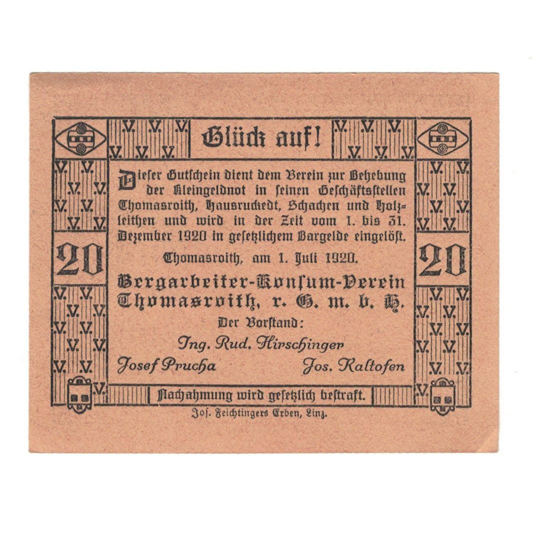 Banknote, Austria, Thomasroith, 20 Heller, Texte, 1920, 1920-12-31, AU(55-58)