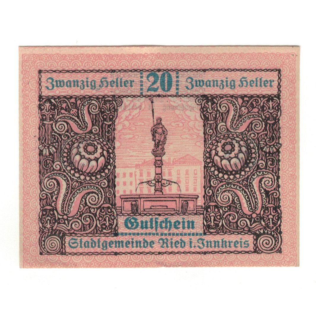 Banknote, Austria, Ried im Innkreis O.Ö. Stadtgemeinde, 20 Heller, personnage