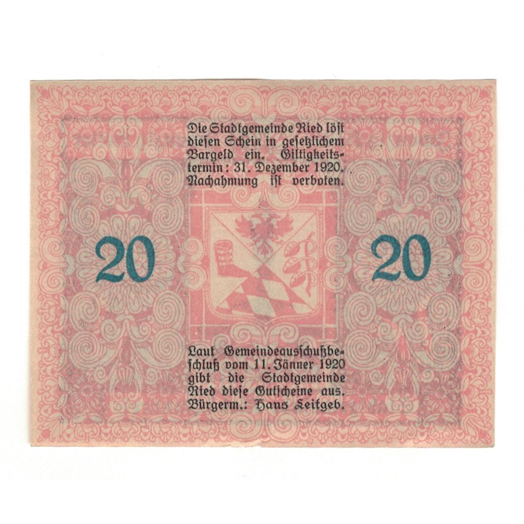Banknote, Austria, Ried im Innkreis O.Ö. Stadtgemeinde, 20 Heller, personnage