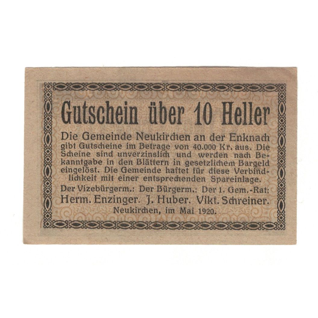 Banconote, Austria, Neukirchen an der Enknach O.Ö. Gemeinde, 10 Heller, Texte