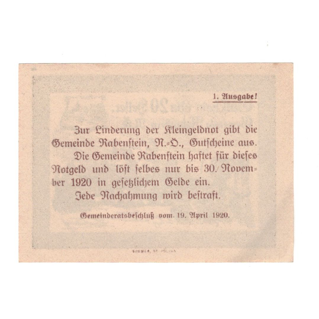 Banknote, Austria, Rabenstein N.Ö. Gemeinde, 20 Heller, village, 1920